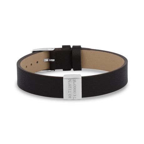 Mens Steel Leather Bracelets - Flat Leather Dark Brown Engravable Charm Coordinates Name Bracelet