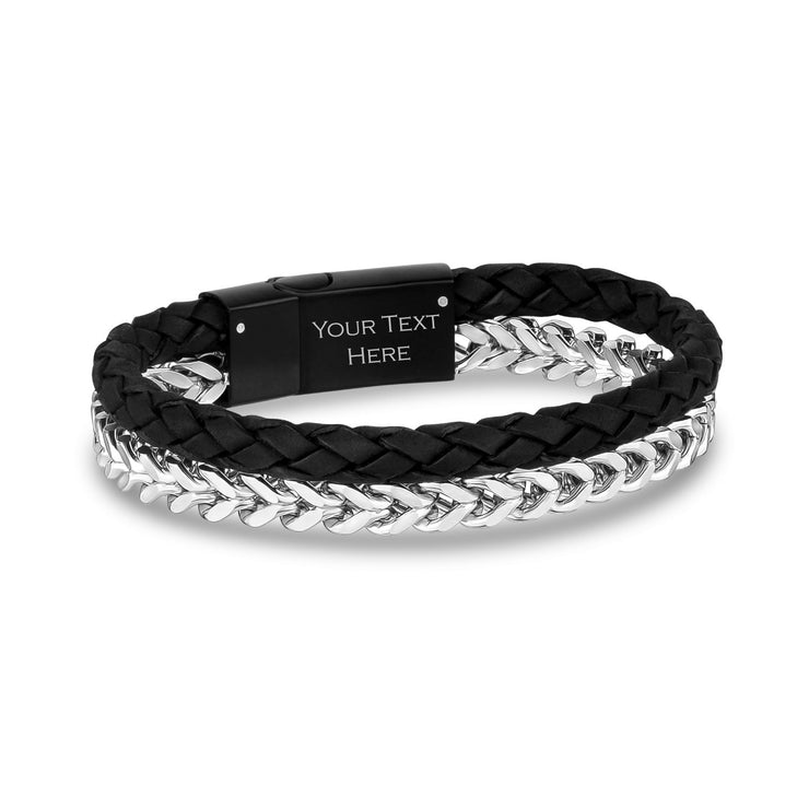 Black Leather Franco Link Bracelet - Mens Steel Leather Bracelets - The Steel Shop