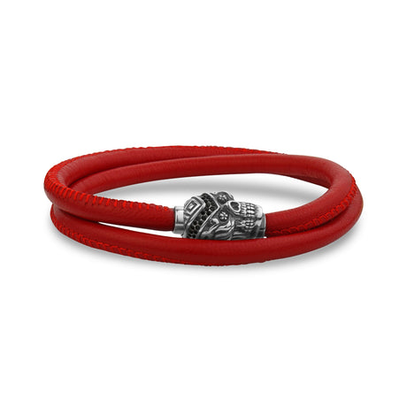 Mens Steel Leather Bracelets - Skull Head Red Leather Wrap Bracelet