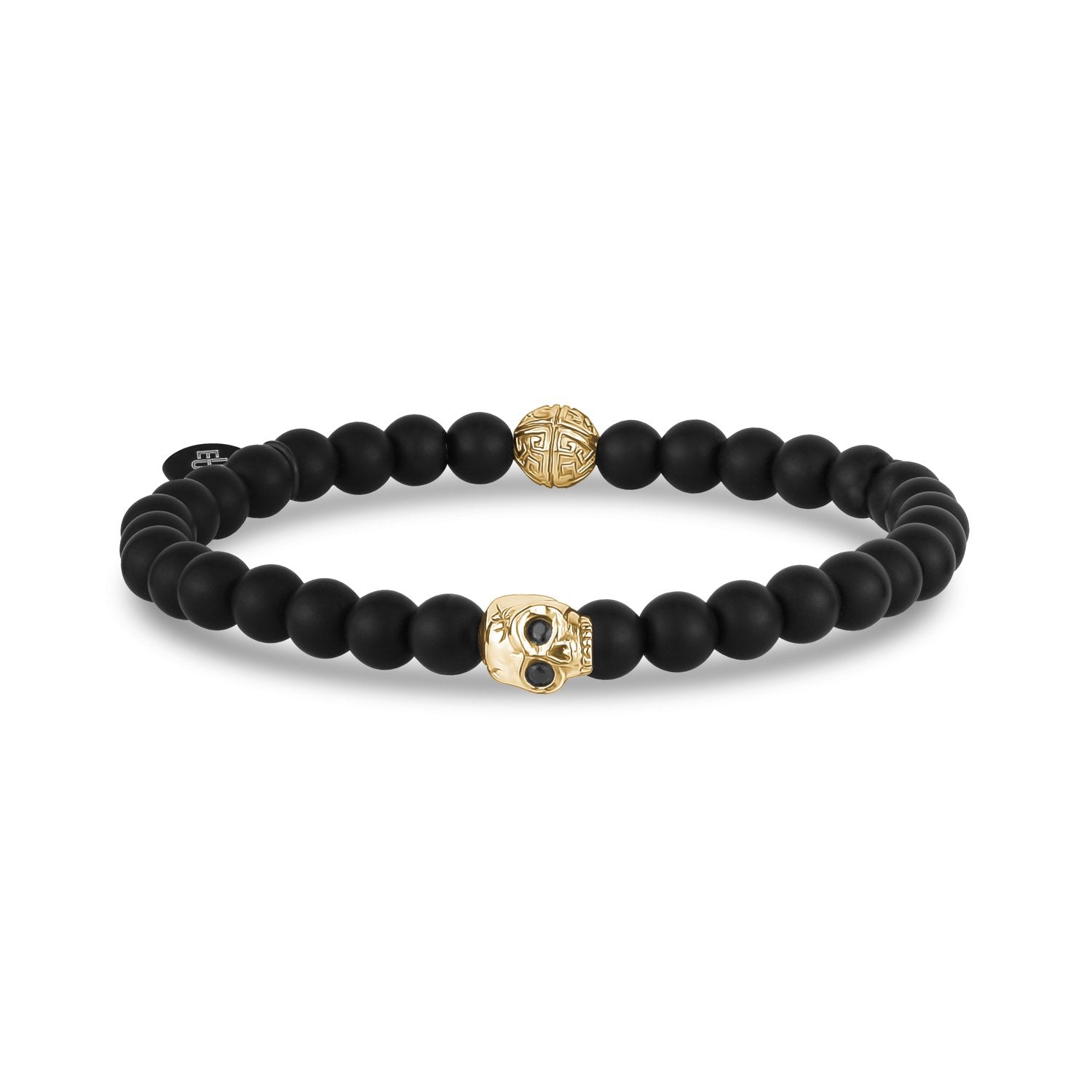 Unisex Bead Bracelet - 6mm Gold Skull Head Matte Black Onyx Stretch Bead Bracelet