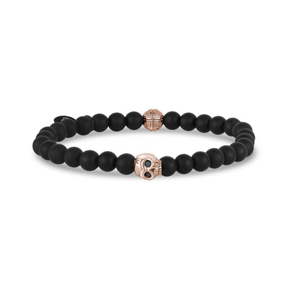 Unisex Bead Bracelet - 6mm Rose Gold Skull Head Matte Black Onyx Stretch Bead Bracelet