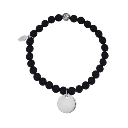 Unisex Bead Bracelet - Engravable Round Charm Stretch Matte Onyx Bead Bracelet