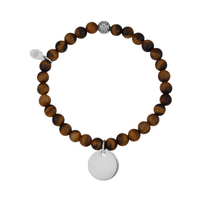 Unisex Bead Bracelet - Engravable Round Charm Stretch Tiger Eye Bead Bracelet