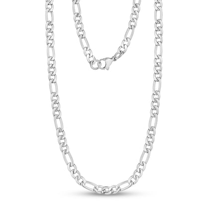 Close-up of 5mm stainless steel Figaro link chain necklace with alternating link pattern  